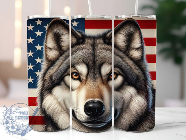 Patriotic Wolf 20oz Tumbler Wrap, American Flag Wrap, 20oz Sublimation Wrap, USA Wildlife Cup, Howling Wolf Design, Red White Blue Tumbler, Freedom Wolf Art Sublimation ToriDesigns 