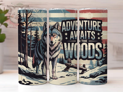 Patriotic Wolf Adventure Tumbler, American Flag Tumbler PNG, Patriotic Wolf Sublimation, Adventure Awaits Tumbler, 20oz Skinny Tumbler Wrap, Forest Animal Tumbler Design Sublimation Lara' s Designs 