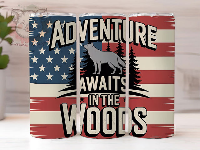Patriotic Wolf Adventure Tumbler, American Flag Tumbler PNG, Patriotic Wolf Sublimation, Adventure Awaits Tumbler, 20oz Skinny Tumbler Wrap, Forest Animal Tumbler Design Sublimation Lara' s Designs 