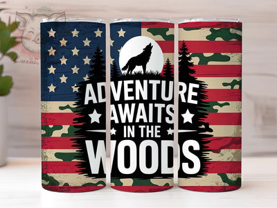 Patriotic Wolf Adventure Tumbler, American Flag Tumbler PNG, Patriotic Wolf Sublimation, Adventure Awaits Tumbler, 20oz Skinny Tumbler Wrap, Forest Animal Tumbler Design Sublimation Lara' s Designs 
