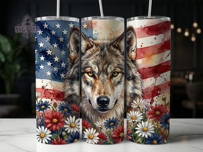 Patriotic Wolf & Daisies 20oz Tumbler, Patriotic Wolf, Wolf Tumbler, Daisies Tumbler, 20oz Tumbler, Floral Wolf, American Flag, Tumbler Wrap Sublimation SvggirlplusArt 