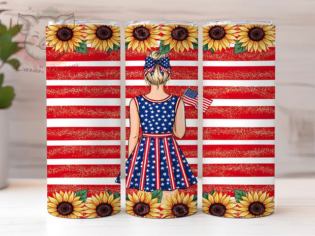 Patriotic Woman Back 20oz Tumbler, Back View Woman, Patriotic Backdrop, Stylized Illustration, 4th of July, American Theme, Skinny Tumbler, Sublimation PNG Sublimation Lara' s Designs 