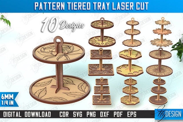 Pattern Tiered Tray Bundle | Round Stand | Kitchen | Dessert Tiered Tray | CNC Files SVG Fly Design 