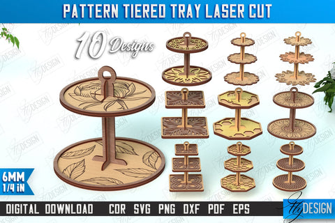 Pattern Tiered Tray Bundle | Round Stand | Kitchen | Dessert Tiered Tray | CNC Files SVG Fly Design 