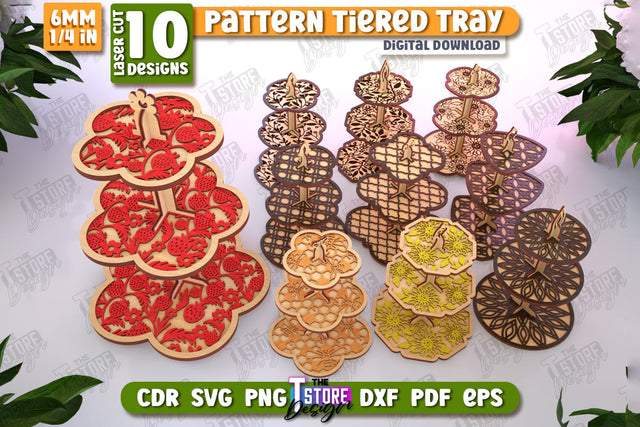 Pattern Tiered Tray Laser Cut Bundle | Round Stand | Kitchen | Dessert Tiered Tray | CNC Files SVG The T Store Design 