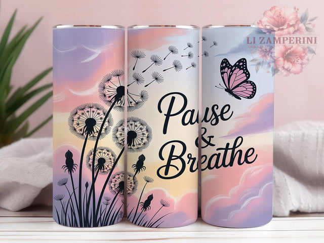 Pause and Breathe Butterfly Tumbler, Pause and Breathe Sublimation Design, Motivational Butterfly Art, 20oz Inspirational Tumbler, Whimsical Butterfly Mug, Uplifting Quote Cup, Stylish Butterfly Wrap Sublimation Li Zamperini 