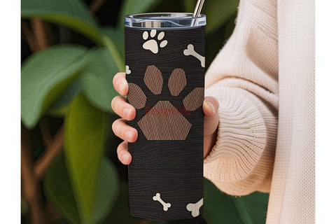 Paw Print & Bone Wood 20oz Tumbler Wrap Sublimation DesignSVG 