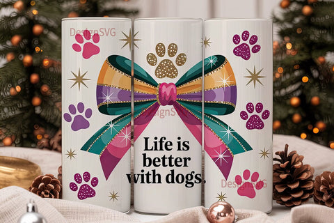 Paw Print Bow Glitter 20oz Tumbler Wrap Sublimation DesignSVG 