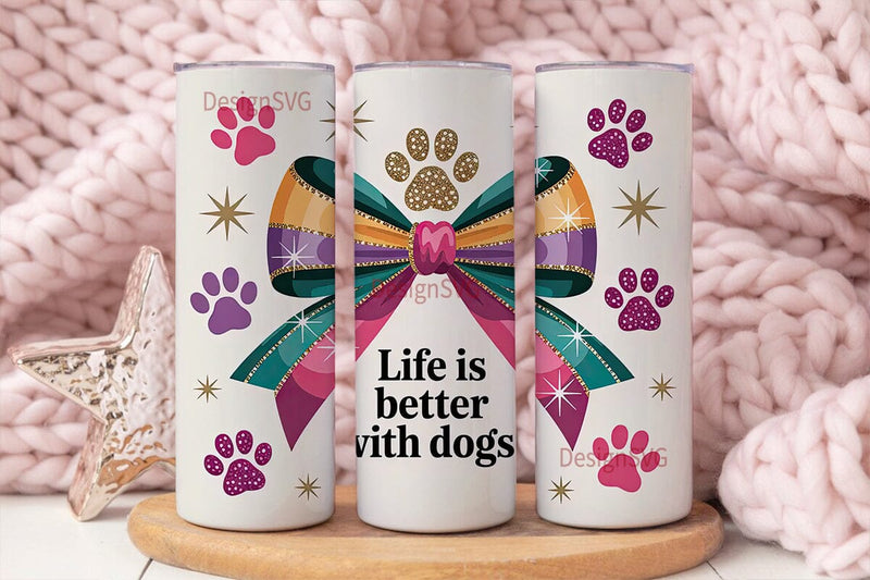 Paw Print Bow Glitter 20oz Tumbler Wrap Sublimation DesignSVG 