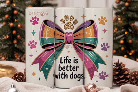 Paw Print Bow Glitter 20oz Tumbler Wrap Sublimation DesignSVG 