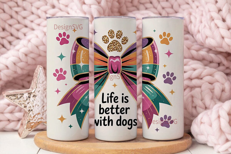 Paw Print Bow Glitter 20oz Tumbler Wrap Sublimation DesignSVG 