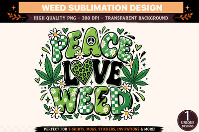 Peace Love Weed PNG, Green Daisy Cannabis Sublimation Design, Checkerboard Leopard Print DTF Shirt Graphic Sublimation BlackCatsMedia 