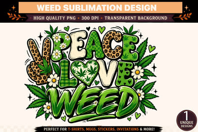 Peace Love Weed PNG, Retro Cannabis Sublimation Design, Leopard Print Weed DTF Shirt, Green 420 Graphic, Digital Download SVG BlackCatsMedia 