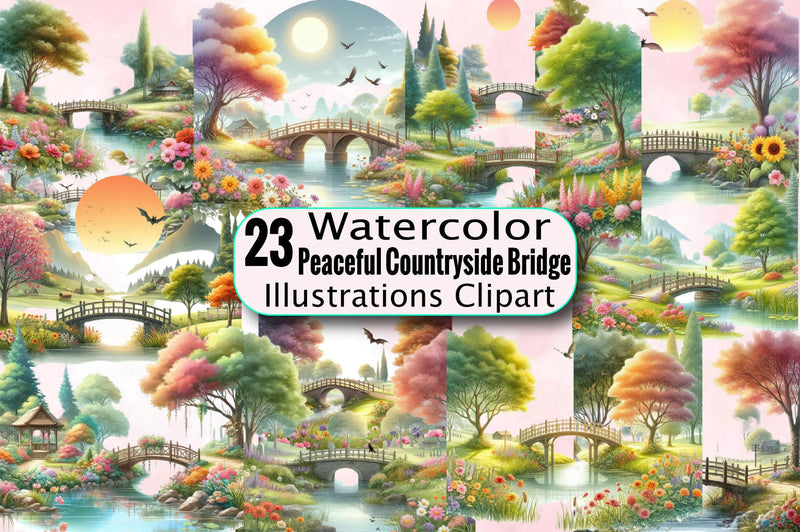 Peaceful Countryside Bridge Sublimation Clipart Bundle Sublimation SVGArt 