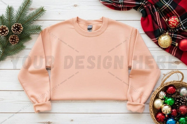 Peach cropped sweatshirt with christmas decorations Mock Up Photo Designangry 