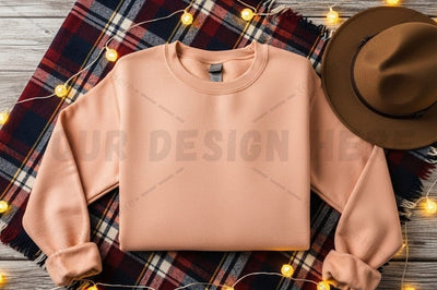 Peach pink crew neck sweatshirt with plaid scarf and fedora hat Mock Up Photo Designangry 