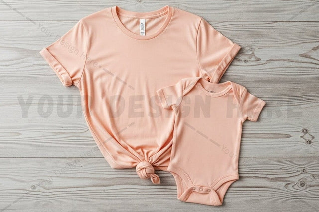 Peach pink matching t-shirt and onesie set Mock Up Photo Regulrcrative 