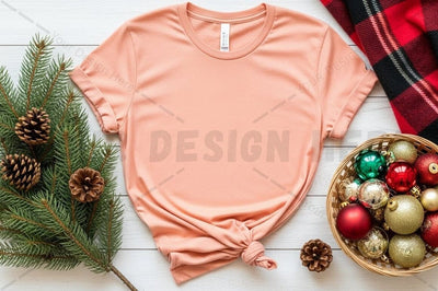 Peach pink t-shirt mockup with christmas decorations Mock Up Photo Designangry 