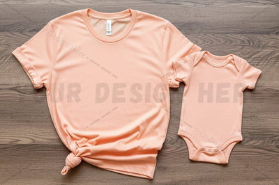 Peach t-shirt and baby onesie set Mock Up Photo Regulrcrative 
