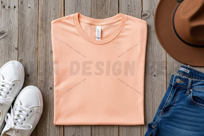Peach t-shirt mockup with casual accessories Mock Up Photo Regulrcrative 