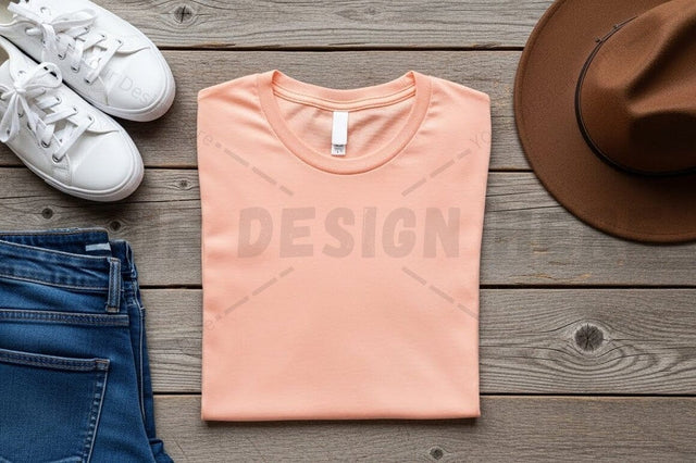 Peach t-shirt with casual outfit accessories Mock Up Photo Regulrcrative 