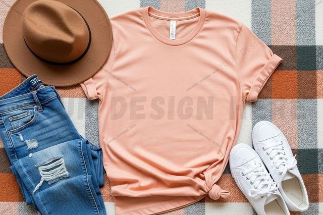 Peach t-shirt with casual outfit Mock Up Photo Designangry 