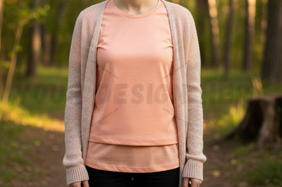 Peach t-shirt with knitted cardigan in forest setting Mock Up Photo Designangry 