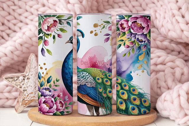 Peacock and Flowers 20oz Tumbler Wrap Sublimation DesignSVG 