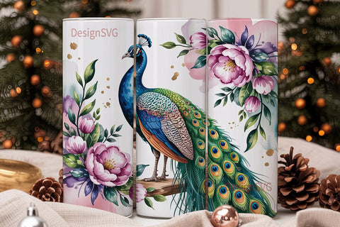 Peacock and Flowers 20oz Tumbler Wrap Sublimation DesignSVG 