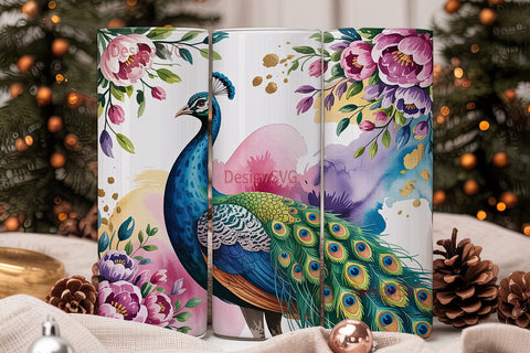 Peacock and Flowers 20oz Tumbler Wrap Sublimation DesignSVG 