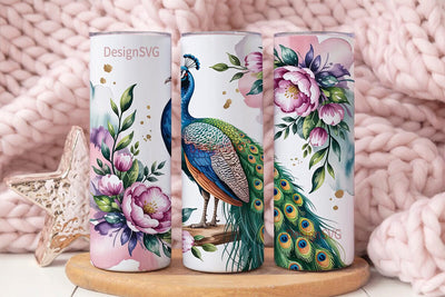 Peacock and Flowers 20oz Tumbler Wrap Sublimation DesignSVG 