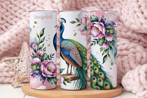 Peacock and Flowers 20oz Tumbler Wrap Sublimation DesignSVG 