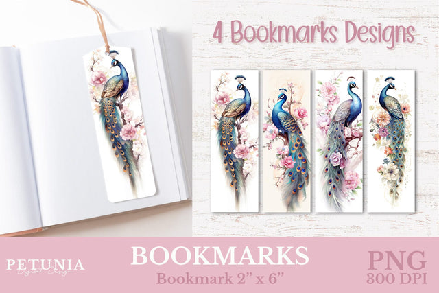 Peacock Bookmarks | Floral Watercolor Bookmarks Sublimation Petunia Digital Design 