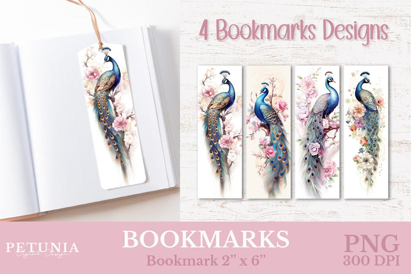 Peacock Bookmarks | Floral Watercolor Bookmarks Sublimation Petunia Digital Design 