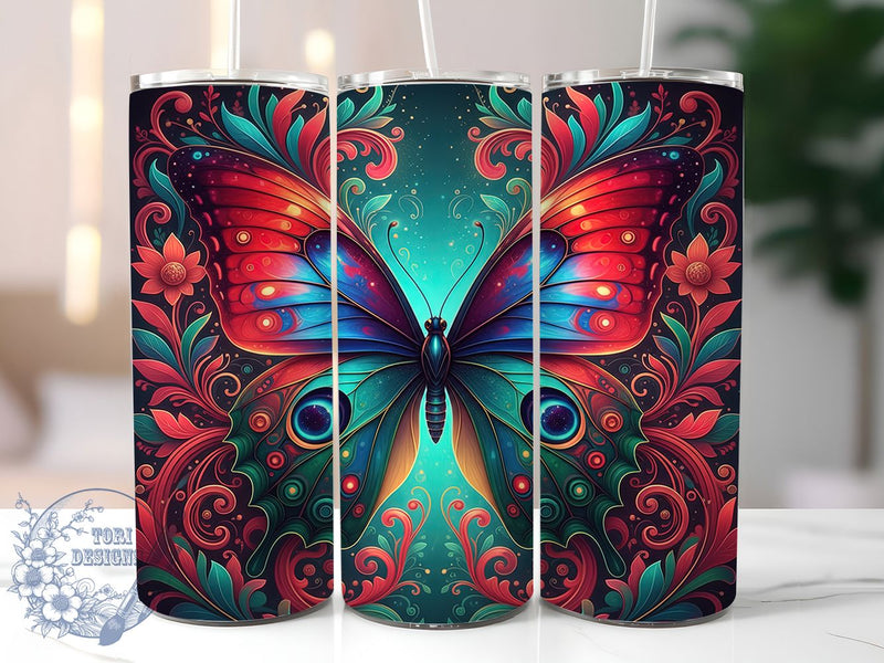 Peacock Butterfly Art Tumbler, Butterfly Art, Nature Theme, Elegant Design, Vibrant Pattern, 20Oz Tumbler, Sublimation Wrap Sublimation ToriDesigns 