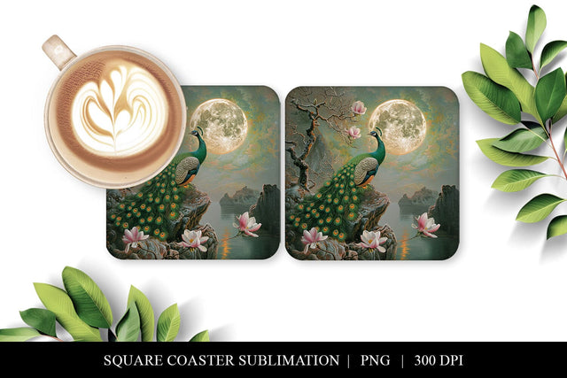 Peacock Coaster Design, Moonlit Lake Digital Art Sublimation BijouBay 