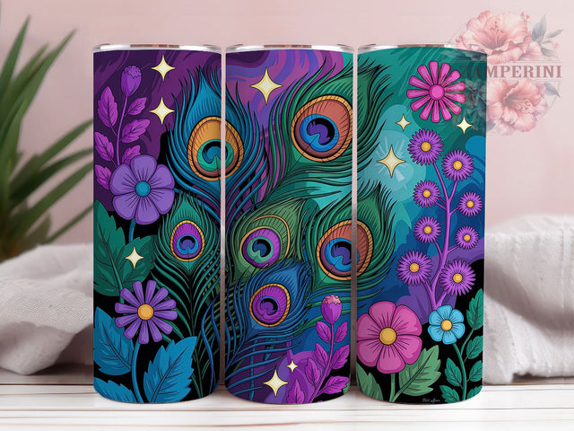 Peacock Feather Floral Elegance 20oz Tumbler, Floral Design, Exotic Pattern, Elegant Wrap, Nature Inspired, 20oz Tumbler Wrap, Sublimation PNG Sublimation Li Zamperini 