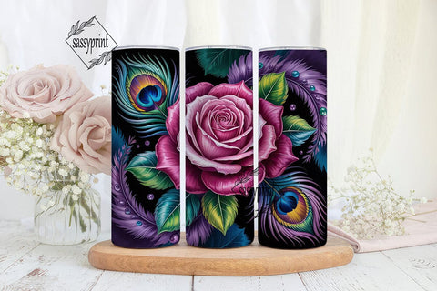 Peacock Feather & Rose 20oz Tumbler Wrap Sublimation sassyprint 