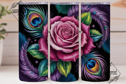 Peacock Feather & Rose 20oz Tumbler Wrap Sublimation sassyprint 