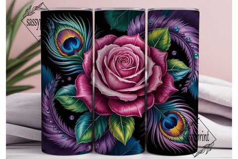 Peacock Feather & Rose 20oz Tumbler Wrap Sublimation sassyprint 