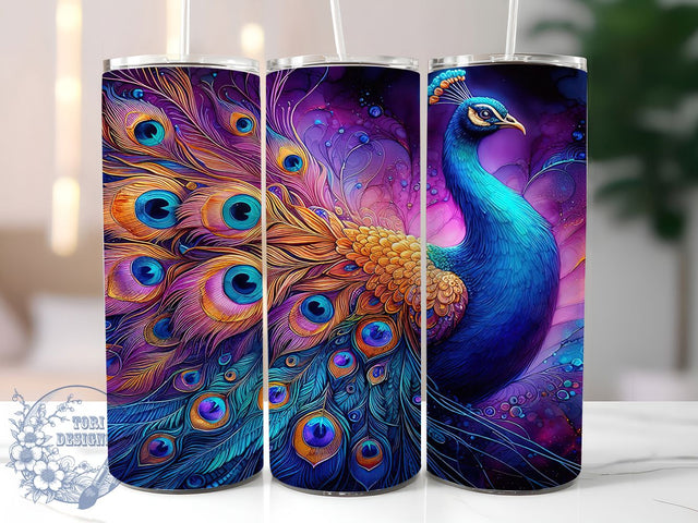 Peacock Feather Vibrant Boho Tumbler, Vibrant Bird Wrap, 20oz Tumbler Sublimation, Elegant Feathery Design, Boho Peacock Art, Iridescent Plumage Aesthetic, Exotic Nature Tumbler Sublimation ToriDesigns 