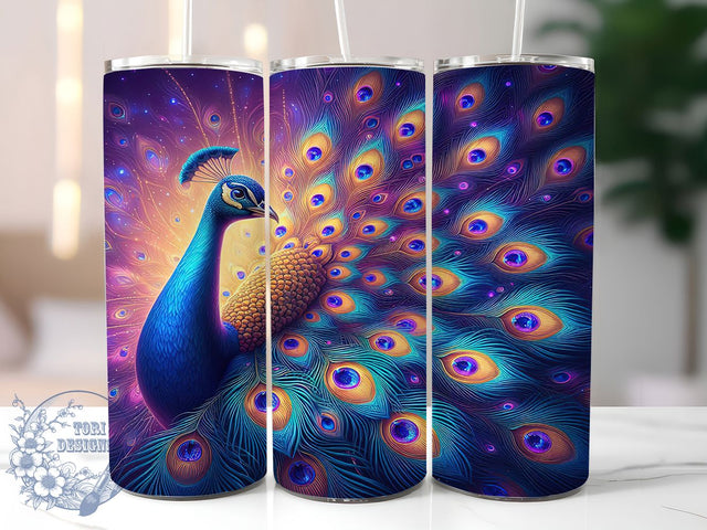 Peacock Feather Vibrant Boho Tumbler, Vibrant Bird Wrap, 20oz Tumbler Sublimation, Elegant Feathery Design, Boho Peacock Art, Iridescent Plumage Aesthetic, Exotic Nature Tumbler Sublimation ToriDesigns 