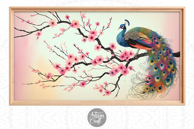 Peacock Frame TV art, cherry blossom flowers, Bird art Digital Pattern Artisan Craft SVG 