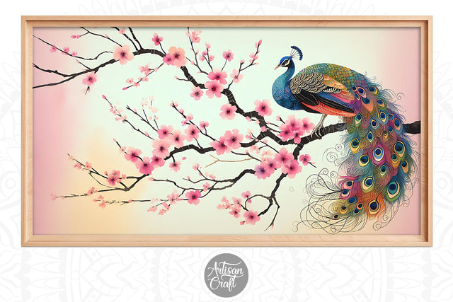 Peacock Frame TV art, cherry blossom flowers, Bird art Digital Pattern Artisan Craft SVG 