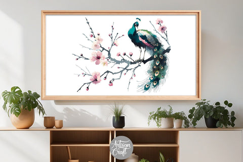 Peacock Frame TV art, cherry blossom flowers, Bird art Digital Pattern Artisan Craft SVG 