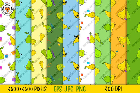 Pear Seamless Pattern Bundle, Kawaii Pear Digital Paper Digital Pattern Digital Craftyfox 