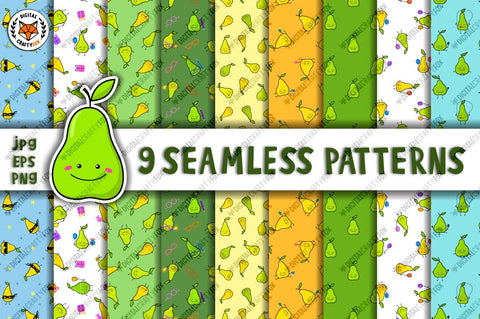 Pear Seamless Pattern Bundle, Kawaii Pear Digital Paper Digital Pattern Digital Craftyfox 