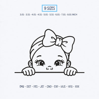 Peeking Baby Girl Embroidery Design – Cute Baby Face with Bow Peekaboo Machine Embroidery File Embroidery/Applique DESIGNS PatternFeed8 