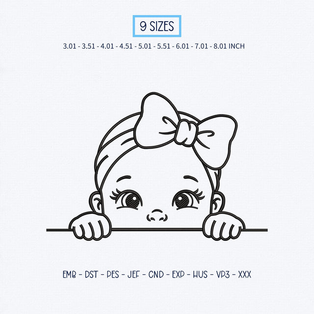 Peeking Baby Girl Embroidery Design – Cute Baby Face with Bow Peekaboo Machine Embroidery File Embroidery/Applique DESIGNS PatternFeed8 