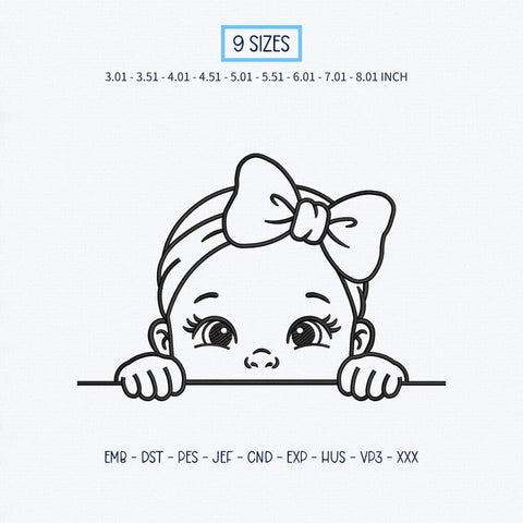 Peeking Baby Girl Embroidery Design – Cute Baby Face with Bow Peekaboo Machine Embroidery File Embroidery/Applique DESIGNS PatternFeed8 